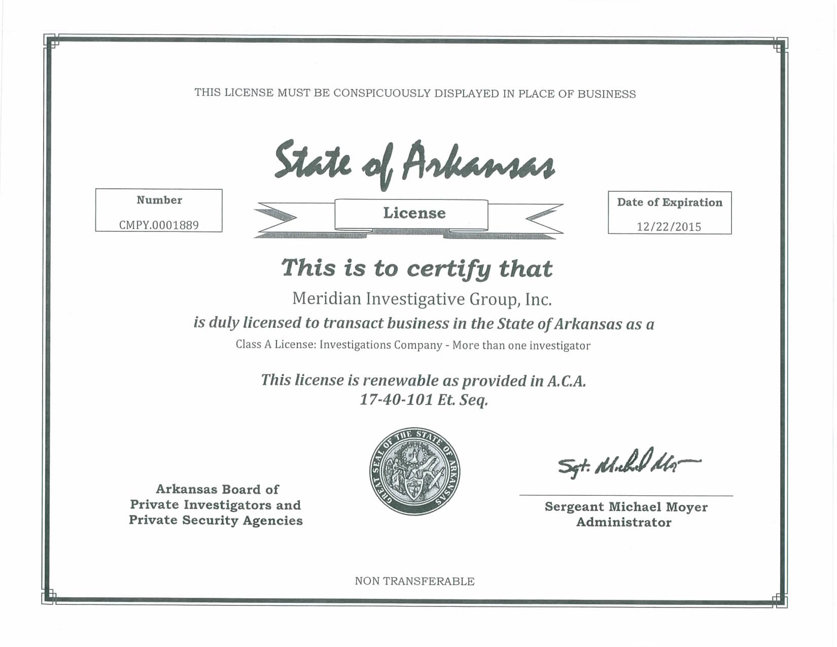 AR License | Meridian Investigative Group, Inc.